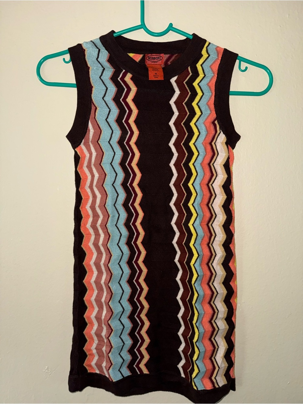 Missoni Black Sleeveless Zigzag Knit Dress with Multicolor Stripes